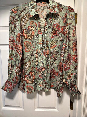 Caroline Morgan Floral Button Down Blouse in Green Size 10 Like New